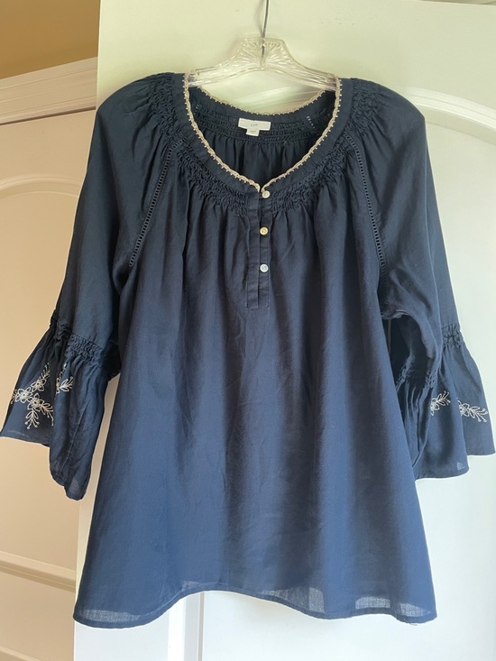 J. Jill Tops - J. Jill Navy Peasant Tunic with Embroidered Bell Sleeves Size Large